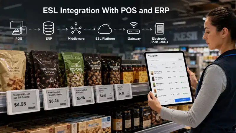 שילוב תווית מדף אלקטרוני עם POS ו-ERP: ממשקי API, מיפוי נתונים, טיפול בשגיאות והחזרה