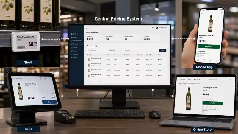 Omnichannel price consistency connecting electronic shelf labels, POS, mobile app, and online store Omnichannel price consistency connecting electronic shelf labels, POS, mobile app, and online store